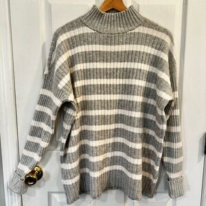 LOFT Gray White Striped Ribbed Mock Neck Sweater Soft Cozy Knit Pullover Medium
